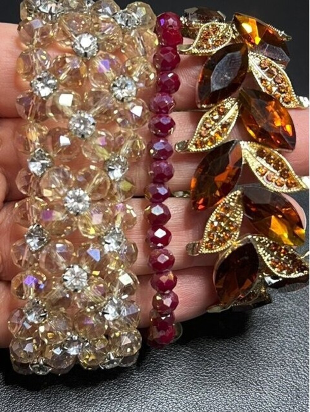 B7436 Lot of 3 Cognac Rhinestone Leaf Statement crystal stretch Bracelets